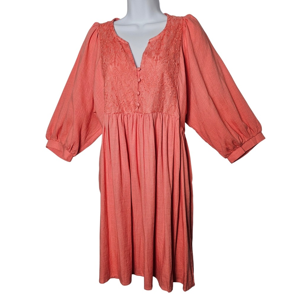 Umgee Split Neck Babydoll Mini Dress Women M Coral Embroidered Linen Blend - Picture 1 of 9